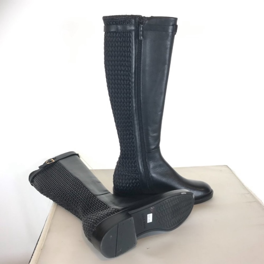 NWT COLE HAAN Women’s Tall Black Leather Stretch Business Casual Preppy Boots 5 - Picture 9 of 13